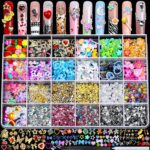 FANDAMEI Nail Charms and Gems, 24 Grids Nail Art Kit for Design, Y2K 3D Charms Rhinestone, Gold Metallic Nail Gems, Flatback AB Nail Rhinestones Gold Nail Pearls, 3D Fruits Flowers Nail Jewels