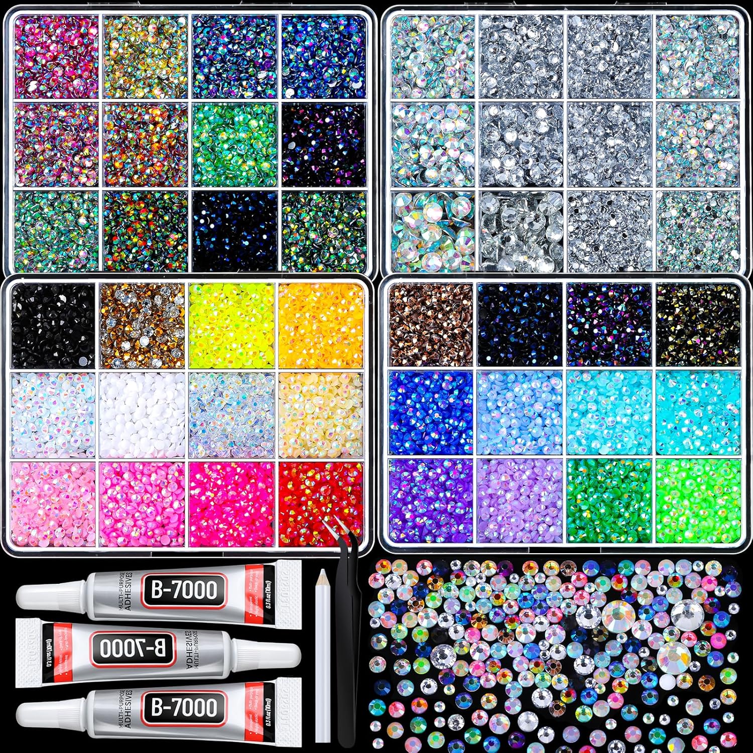 FANDAMEI 25,000PCS Rhinestone Kit for Crafting and Nail Art FANDAMEI Bedazzling Kit, 25000PCS 48 Grids Rhinestones for Bedazzling with 3PCS Jewelry Glue, Multicolor AB 3mm Flat Back Jelly Rhinestones for Crafts, Resin Silver Gems Rhinestones for Nails