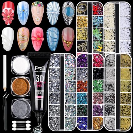 FANDAMEI 3D Gel Kit, 15g 3D Nail Sculpting Gel, 5 Box Nail Pearls Charms and Gems Clear&AB Nail Rhinestones, Metal Nail Beads&Gold Silver White Pearl Chrome Powder for DIY Manicure, UV/LED Lamp Needed