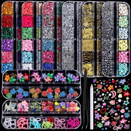 FANDAMEI Nail Charms, 8-Box Nail Charms and Gems, Fruit Bow Hawaii Flowers Petals 3D Nail Art Charms Bulk, Charms Y2K for Nails, Colorful Bubble Beads Nail Rhinestones, Gold Studs Nail Pearls for DIY