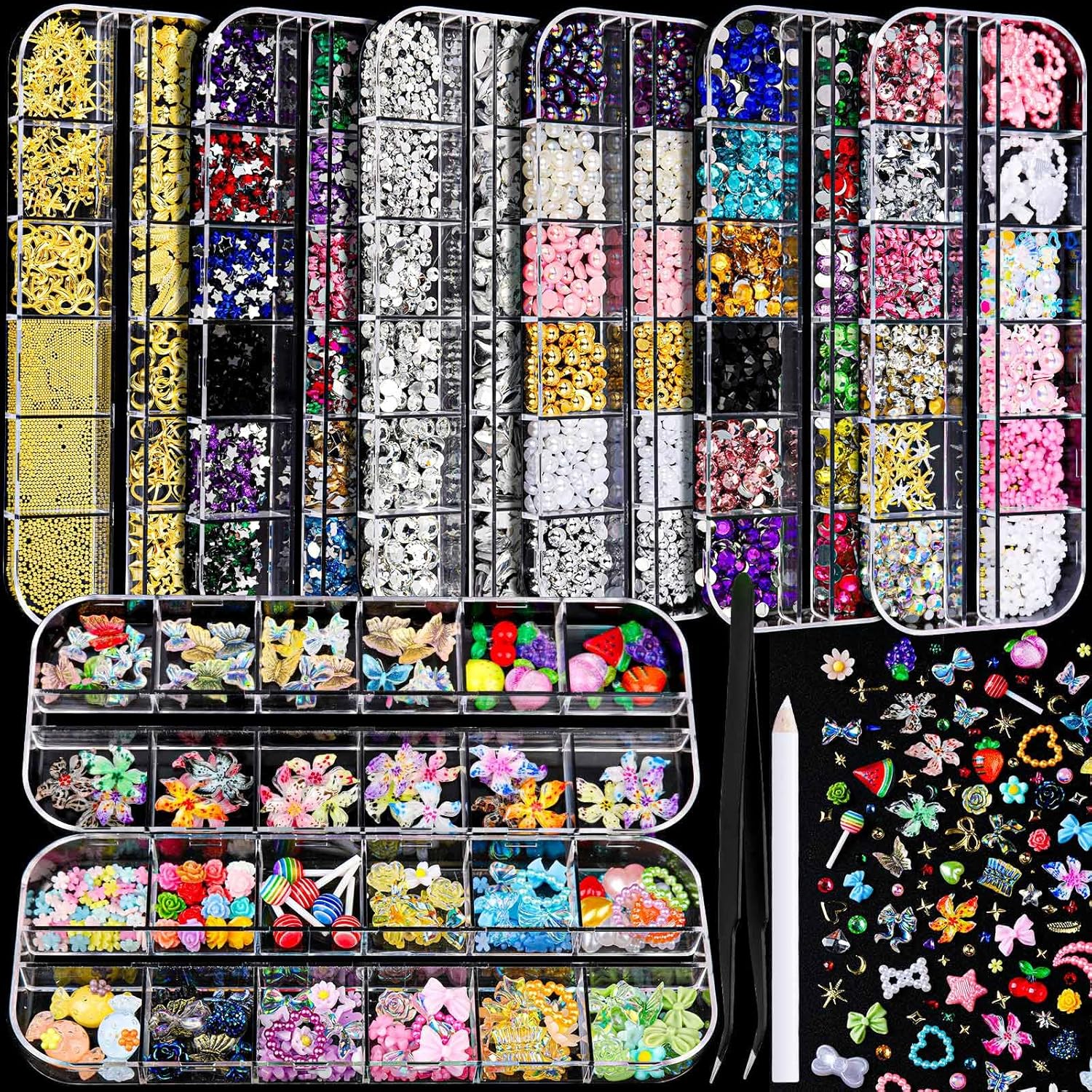 FANDAMEI 8-Box Nail Art Kit with Charms and Gems FANDAMEI Nail Charms and Gems, 8 Boxes Nail Art Kit for Design, Multi-Shape Rhinestones for Nails Flat Back Pearls Jewels, 3D Fruit Flower Candy Nail Charms, Gold Nail Studs Jewels