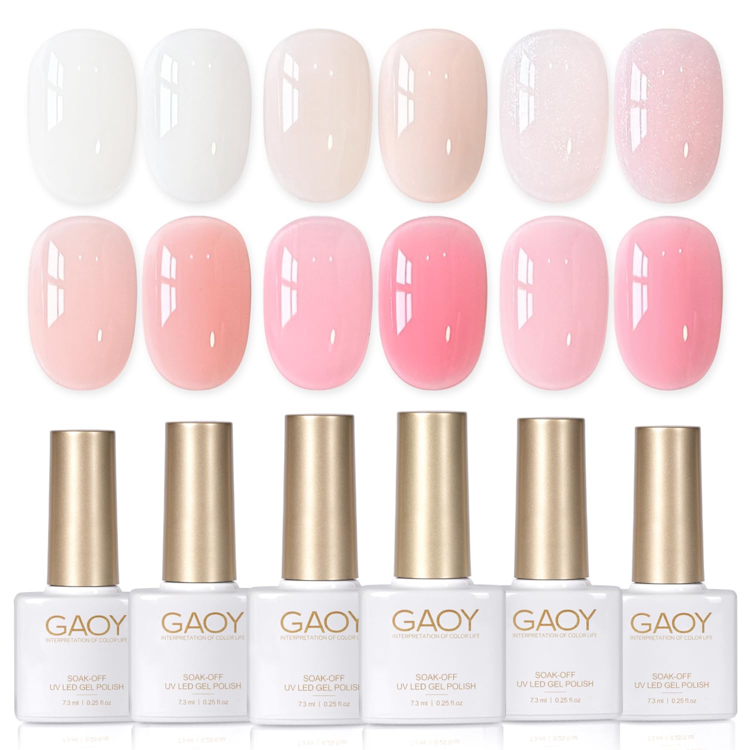 GAOY 6-Color Rubber Base Gel Set, Sheer Nail Strengthener GAOY 6 Colors Rubber Base Gel Set, Jelly Builder Base Nail Gel Sheer Nude White Pink, 2-in-1 Soak Off Nail Strengthener, Petal Whisper