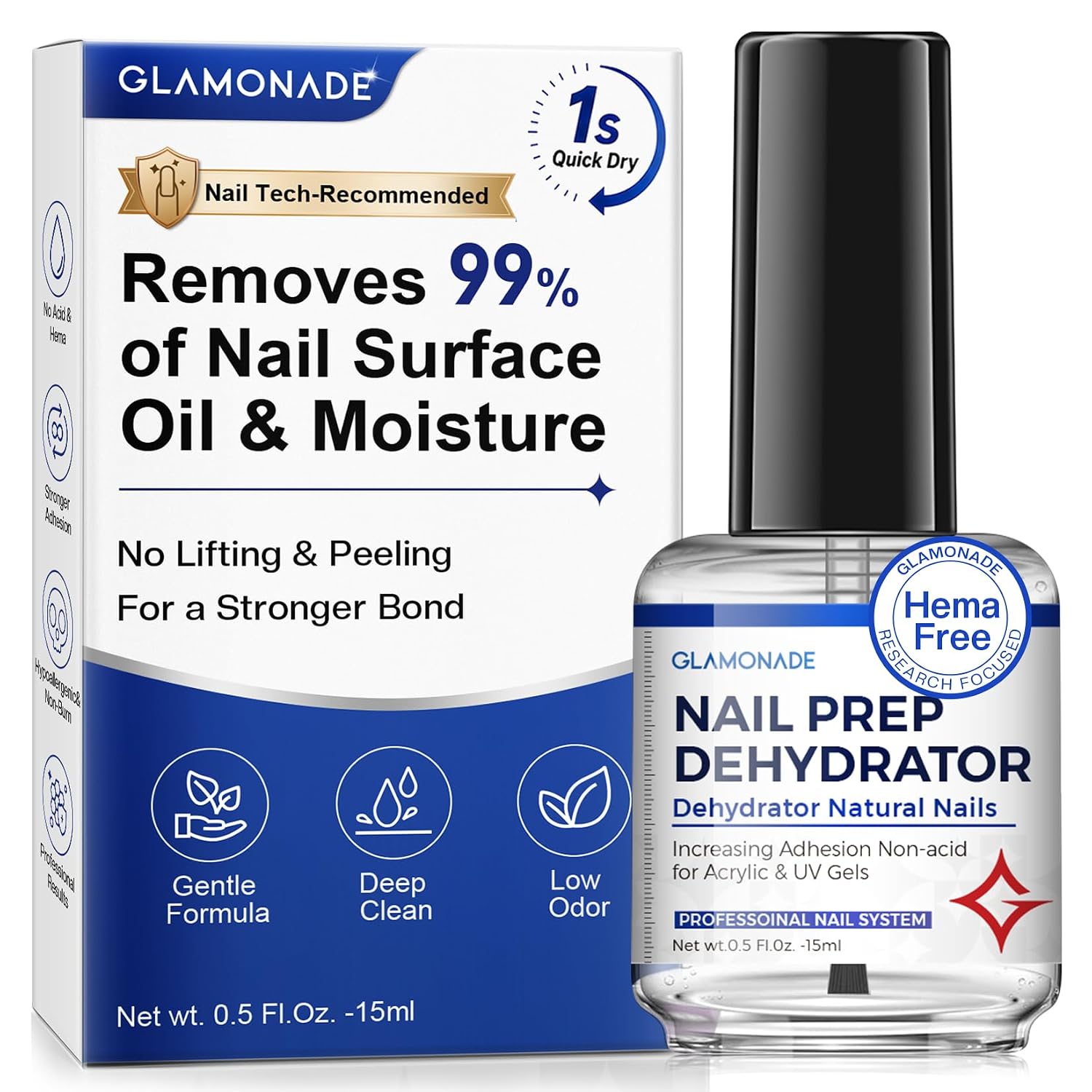 Glamonade Acid-Free Nail Dehydrator for Acrylics and Gel Glamonade Anti-Lifting Nail Prep Dehydrator: Acid-Free Dehydrate for Acrylic Nails and Gel Nail Polish | 15ml Fast Dry Hema-Free Primer Bonder Supplies