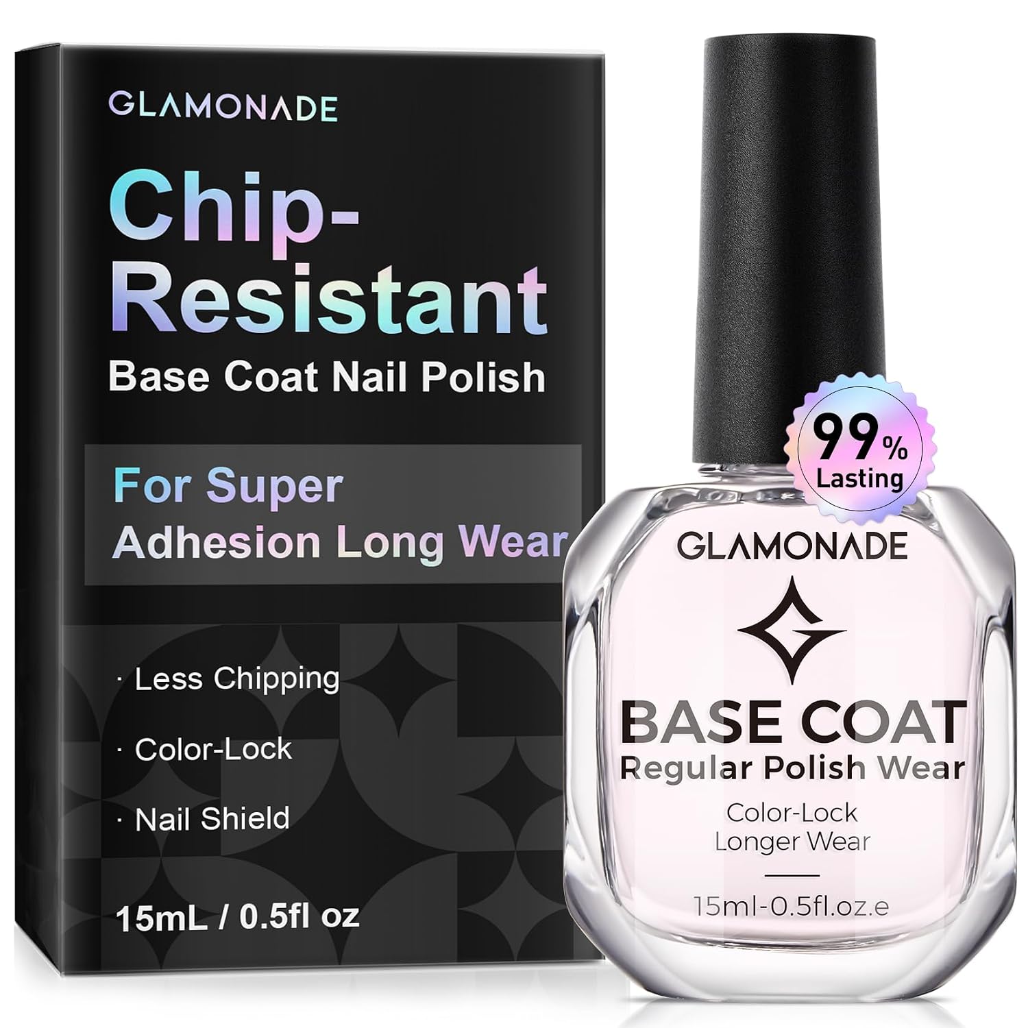 Glamonade Base Coat: 12-Day Chip Resistant, Quick Dry, Clear. Glamonade Base Coat Nail Polish: 12 Day Long Lasting Chip Resistant Wear 60s Quick Dry Clear Base Coat Prevents Discoloration Natural Shield for Regular Nail Polish 0.5 fl oz Women Essential