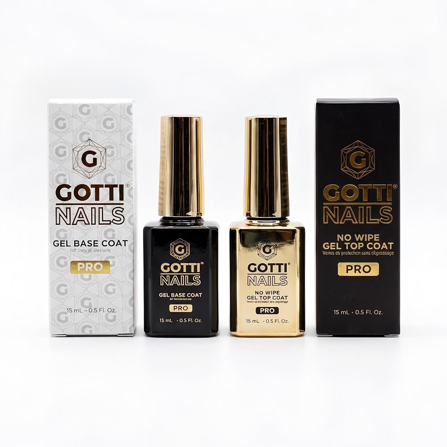 Gotti Nails Gel Base and Top Coat Duo, High Gloss Gotti Nails 2 Pack Gel Base and No Wipe Gel Top Coat, High Gloss Shine, Non-Yellowing & Stain Resistant, Clear UV/LED finish Duo