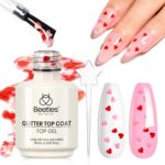 Beetles Heart Glitter Top Coat Gel Polish, 15ml Clear Shine Pink & Red Heart Shape Gel, Soak Off UV No Wipe Gel Top Coat Sparkle Nail Gift for Women