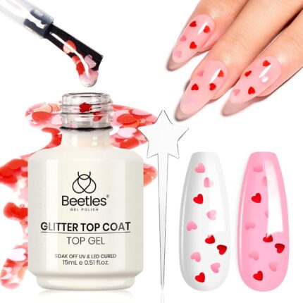Beetles Heart Glitter Top Coat Gel Polish, 15ml Clear Shine Pink & Red Heart Shape Gel, Soak Off UV No Wipe Gel Top Coat Sparkle Nail Gift for Women