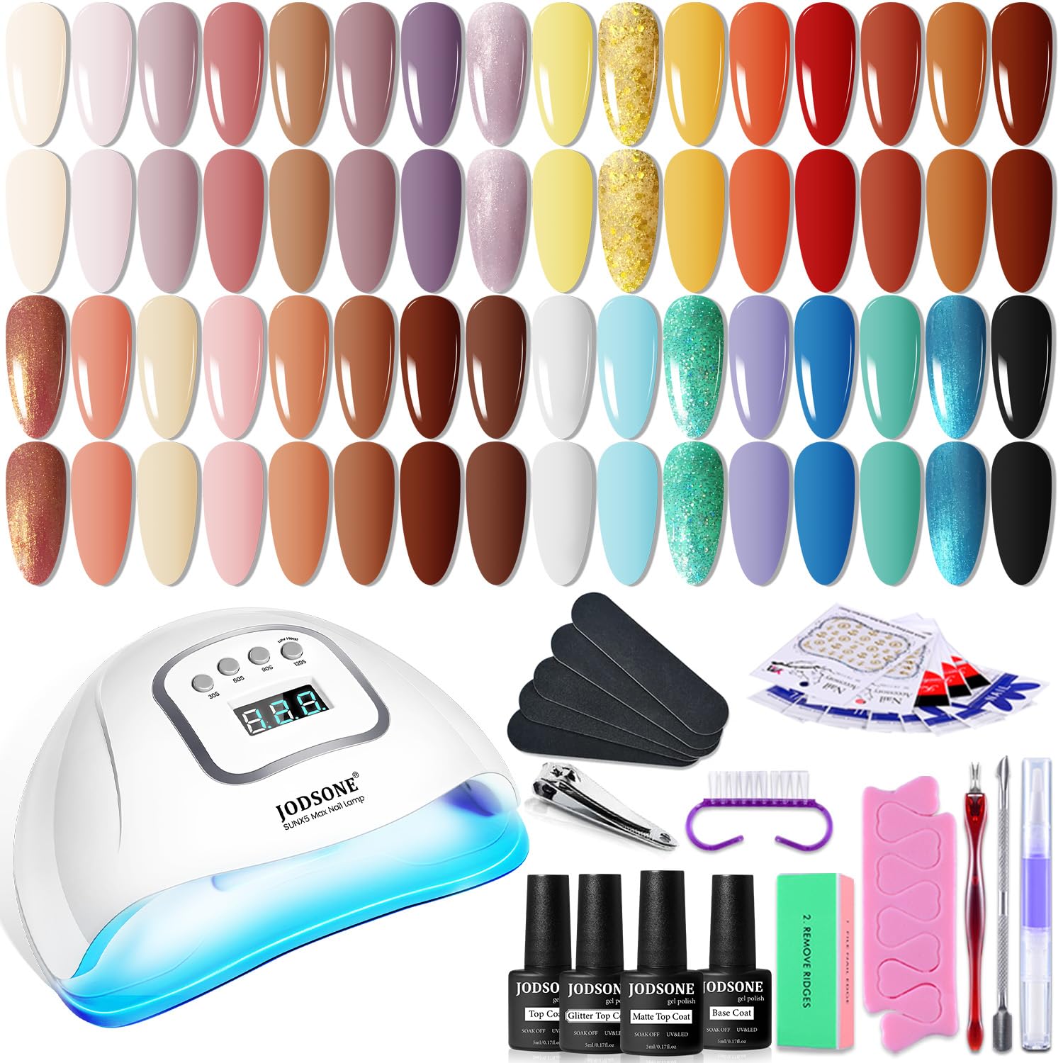 JODSONE 36-Piece Gel Nail Kit with UV Light & 32 JODSONE 36 Pcs Gel Nail Polish Kit with U V Light of 32 Color Gel Polish Nail Collections Base and Top Glitter Coat Manicure Tools