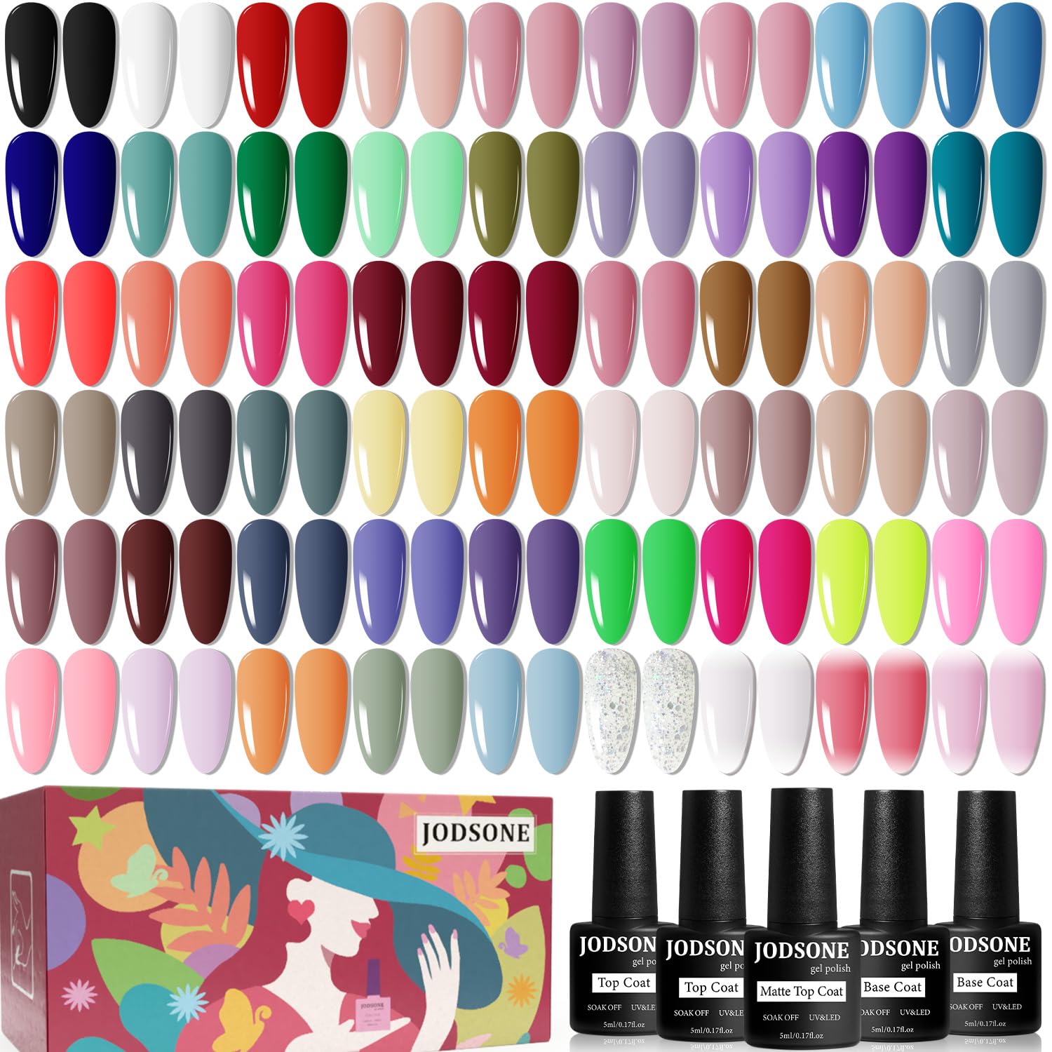JODSONE 60-Piece Gel Nail Polish Set with Base & Top JODSONE 60 PCS Gel Nail Polish Set with 5 Bottles of Base and Glossy Matte Top Coat Soak off Gel Nail Set Suitable for All Seasons Gifts