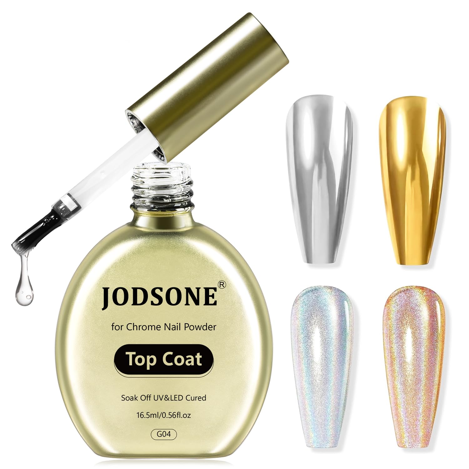 JODSONE Chrome Nail Top Coat - 16.5ml UV/LED, High Gloss JODSONE Top Coat for Chrome Nail Powder - 16.5ml No Wipe Gel Top Coat for Rubbing Mirror/Chrome Nail Powders, Smooth Finish, High Gloss, U V/LED Curing Needed