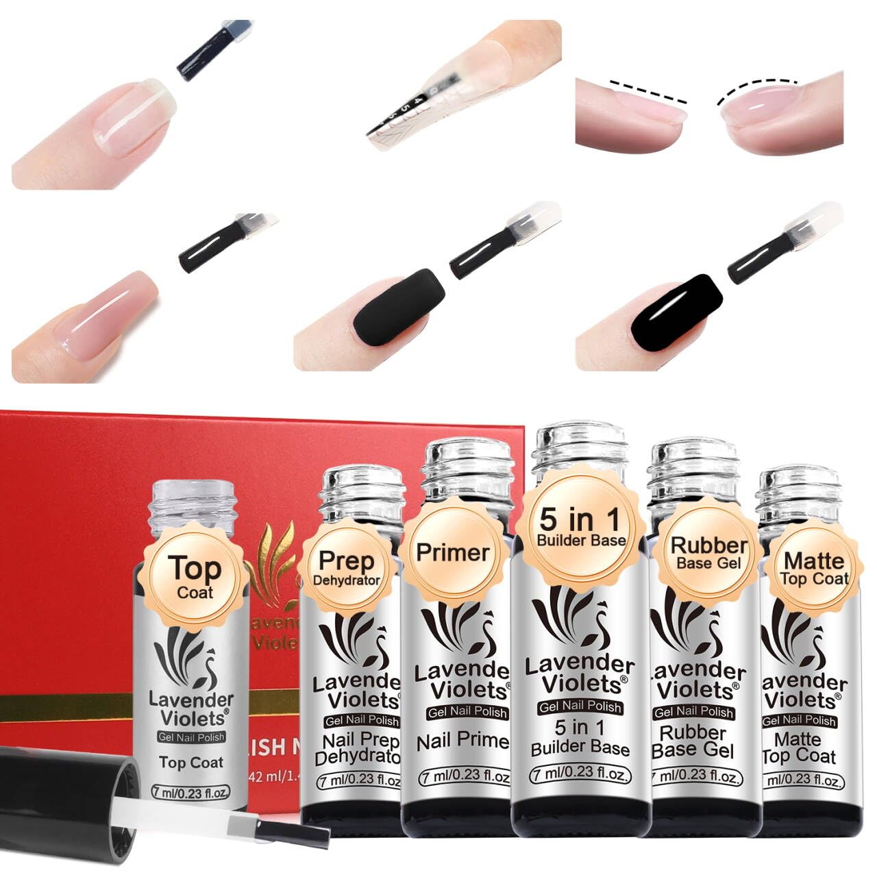 Lavender Violets 6-Piece Essential Nail Kit for DIY Manicures Lavender Violets 6pcs Gel Base and Top Coat Set Nail Dehydrator and Primer, 5-in-1 Builder & Pink Rubber Base Coat, Matte & No-Wipe Top Coat Long-Lasting Manicure Essential Kit for Home DIY C200