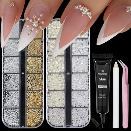 Nail Art Pearls with Nail Rhinestones Glue Gel Flatback Pearls Nail Charms Luxurious Nail Supplies Accessories Gold Silver Nail Gems Jewelry Pearls for Women Nail Design