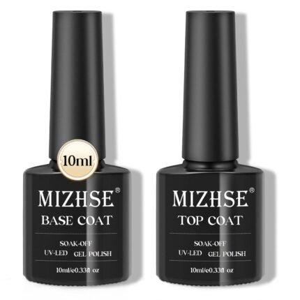 MIZHSE Base and Top Coat Set for Gel Nail Polish, No Wipe Top Coat Glossy Finish Shiny Long Lasting Soak Off U V LED Nail Art DIY Manicure Home