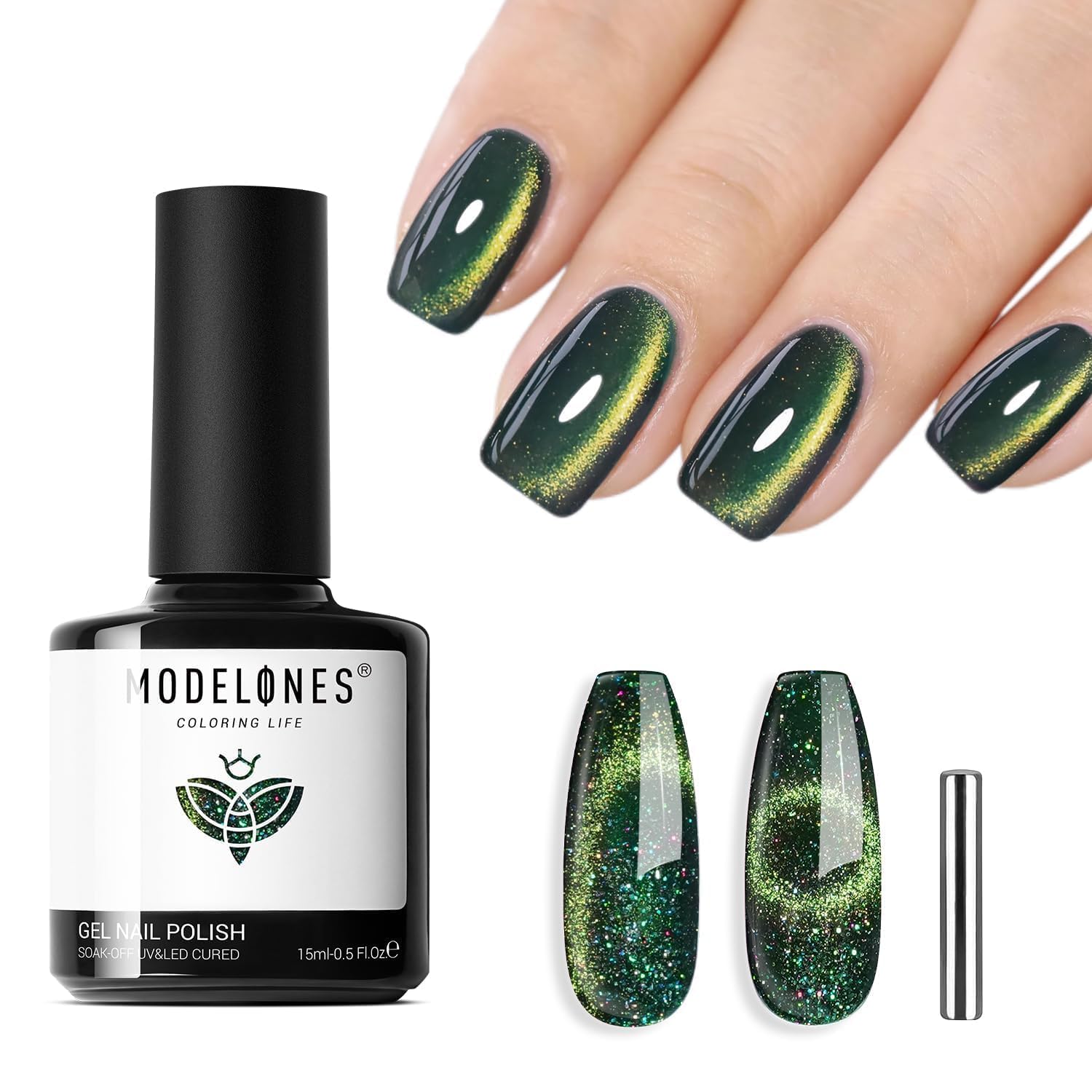 Modelones 9D Cat Eye Green Gel Nail Polish 15 ML modelones Cat Eye Gel Nail Polish Green Gel Nail Polish Sparkle Reflective Shimmer Glitter Green valentine Polish 9D with Magnetic Soak Off LED Nail Art DIY 15 ML