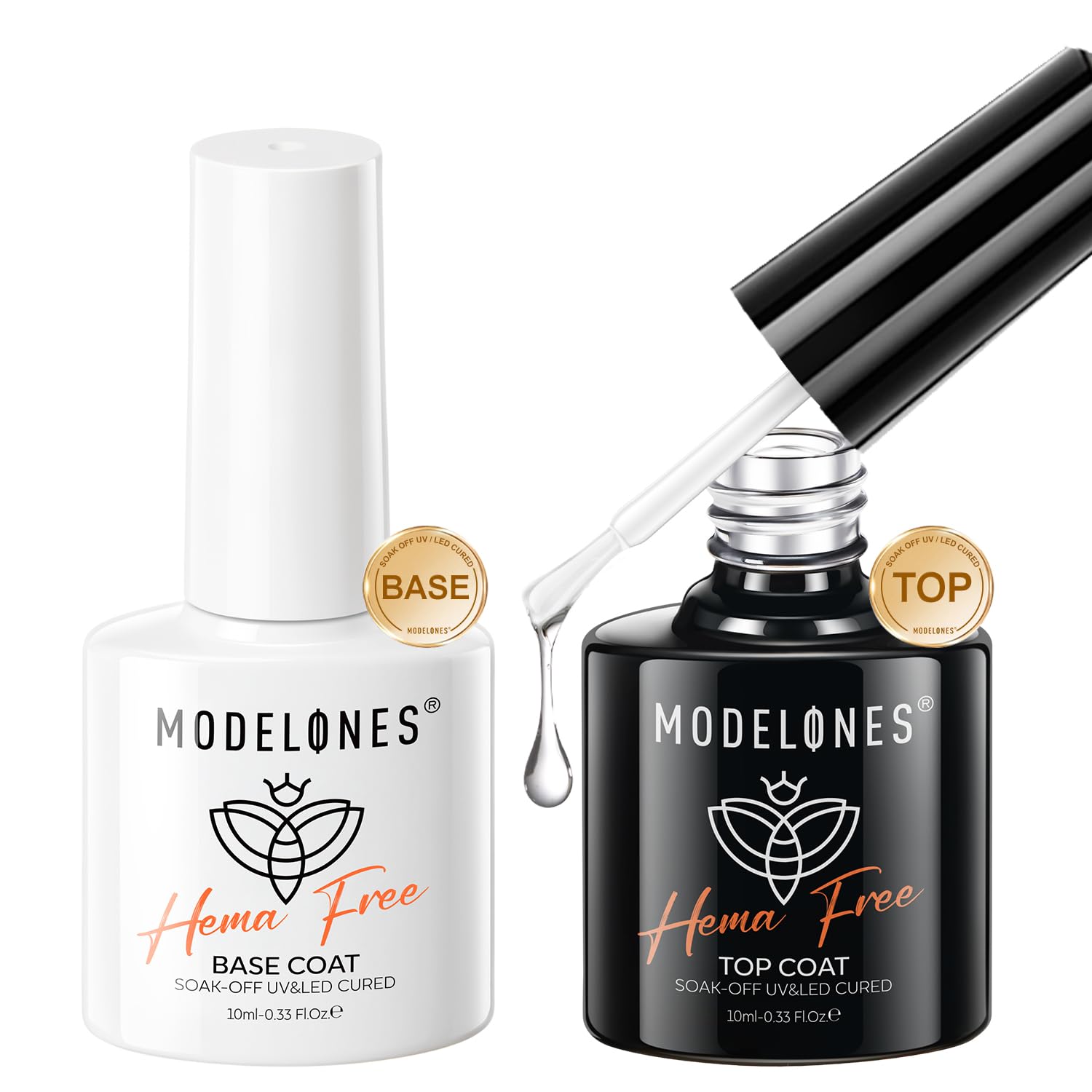 Modelones Hema-Free Gel Base & Top Coat Set for Long-Lasting modelones Hema Free Gel Base Top Coat Set, 2 Pcs Clear Glossy Gel Nail Polish Long Lasting for Acrylic Nails Soak Off Nail Lamp Nail Art Home Salon Manicure Gift for Women
