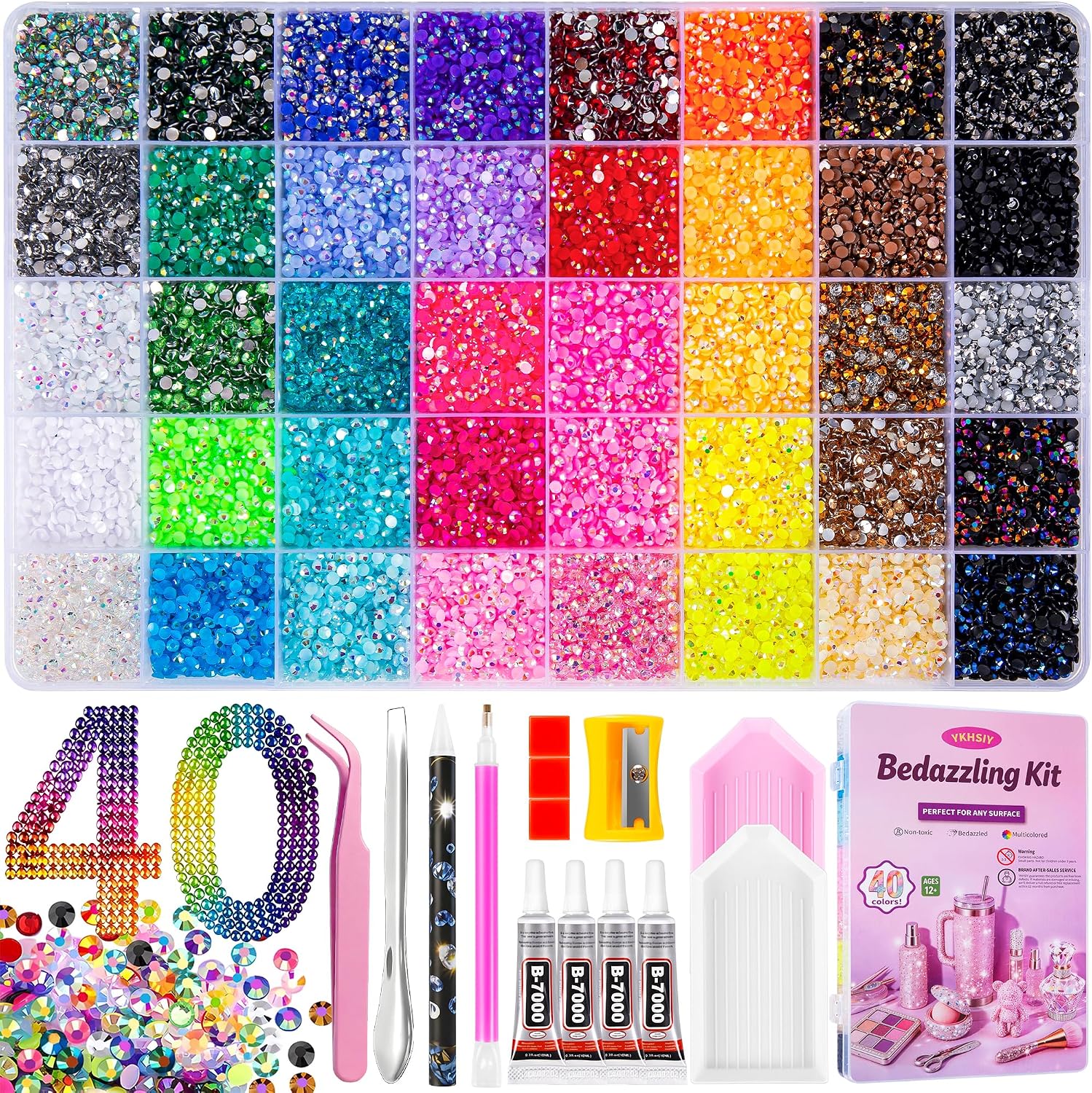 Multicolor Rhinestone Kit: 40,000 Gems & Tools for Crafts Bedazzling Kit 40000Pcs 40 Colors Resin Jelly Rhinestones, Multicolor 3mm Flatback Gems for Diamond Art, Bedazzler Kit with 4Pcs 10ml B7000 Jewelry Glue & Tools - Christmas Birthday Gifts for Women