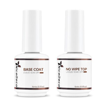 Nicedeco Hema Free No Wipe Gel Top Coat and Base Coat Set 2 Pcs 15ml Low Odor Cruelty Free Vegan Gel Nail Polish Glossy Shine Long Lasting Gel Base Top Coat