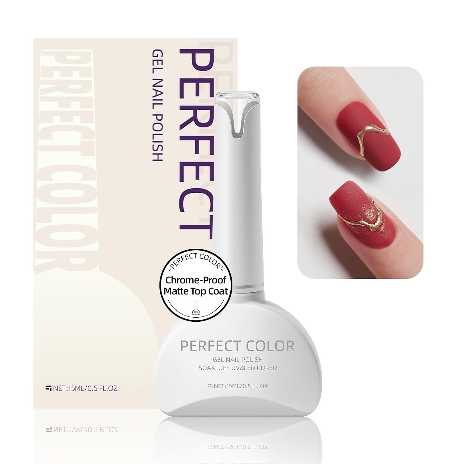 PERFECT COLOR Matte Top Coat for Chrome Nail Art, 0.5 PERFECT COLOR Chrome-Proof Matte Top Coat for Isolated Chrome Nail Art, UV/LED Cured Gel Nail Polish, Anti-Stick No Wipe Matte Gel Top Coat Long-Lasting Formula, 0.5 Fl Oz