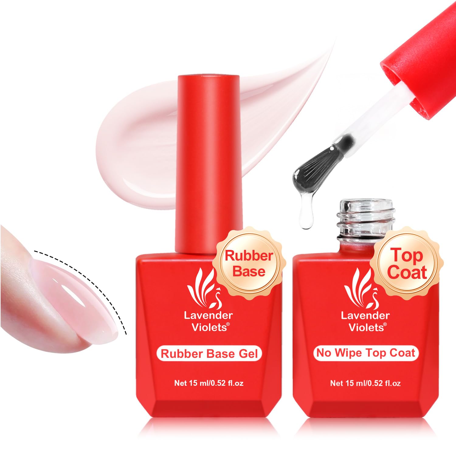 Pink Lavender Violets Rubber Base & Top Coat Set for Lavender Violets Jelly Pink Rubber Base Coat & Glossy Top Coat Set 15ml Strengthen Apex Building Extension Long Last Protect Shine Effect Manicure for Fragile Nails Art DIY Home A102+A110
