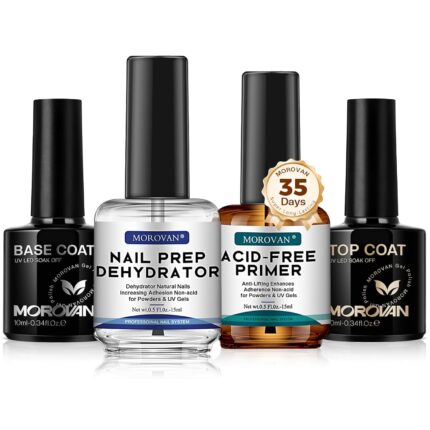 Morovan Nail Dehydrator and Primer with Gel Base & Top Coat Set 4PCS Professional Fast Dry Acid Free Supplies Primer for Acrylic & Gel Nail Polish Gifts