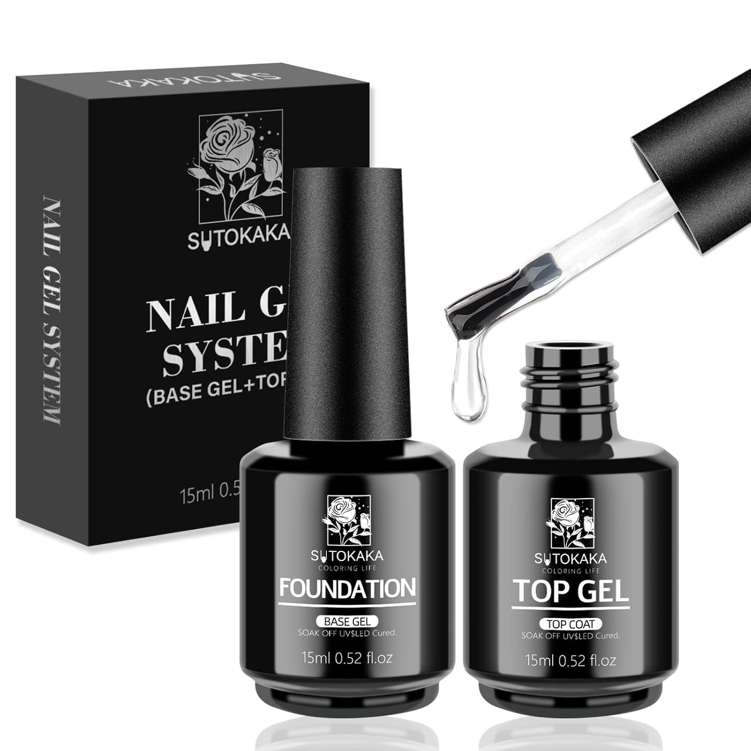 SUTOKAKA Top and Base Coat Set: Glossy Gel Polish Duo SUTOKAKA 2 Pcs 15ml Top Coat and Base Coat Set, Glossy and Long-Lasting Gel Polish, No Wipe Foundation Combination Soak Off LED Nail Lamp Gel Nail Polish Manicure Gifts for Women