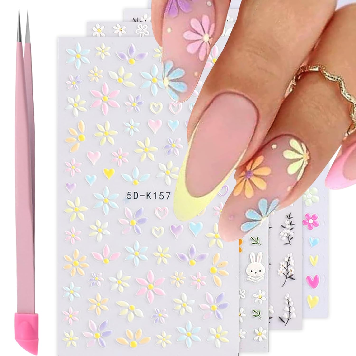 Spring/Summer 5D Flower Nail Art Stickers for DIY Decor Flower Nail Art Stickers - 5D Embossed, Spring/Summer Daisy Designs, Self-Adhesive Decals for Women's Nail DIY Decoration