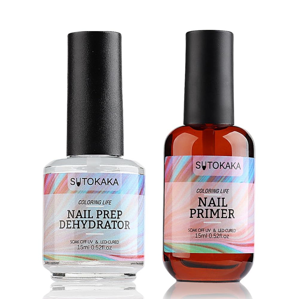 Sutokaka 2-Piece Nail Dehydrator and Primer Set – Acid-Free, Quick Sutokaka Nail Prep Dehydrator and Primer Set - 2pcs 15ml Acid Free No Burn Fast Air Dry Natural Nail Dehydrator and Superior Bonding Primer for Acrylic Powder