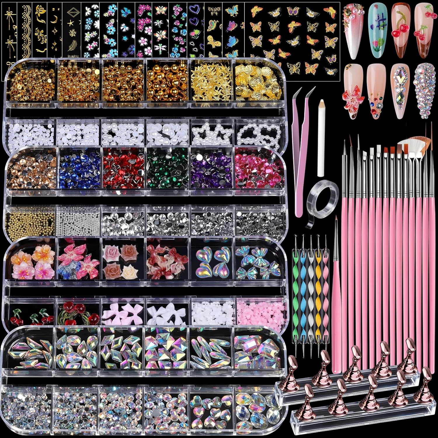 Teenitor 4-Box Nail Charm and Gem Set with Tools Teenitor 4 Boxes Nail Charms and Gems Set, Nail Rhinestones Nail Kit with Nail Art Brushes Nail Stand, Nail Gems Nail Design Tools with 15pcs Nail Stickers, Gold Nail Pearls for Women Nail Decorations