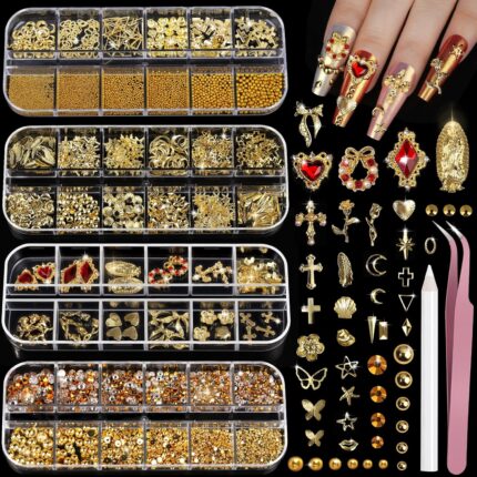 Teenitor Gold Nail Charms and Gems Set, 4 Boxes Nail Gems Nail Pearls Nail Art Tools, 3D Cross Nail Charms Heart Nail Rhinestones for Nails Supplies, Charms for Nails Design Nail Art Kit