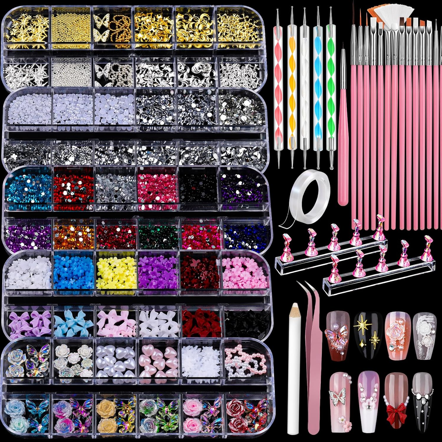 Teenitor Nail Art Kit: 3D Charms, Brushes, and Tools Teenitor Nail Charms and Nail Art Tools Set, Nail Art Kit with 5 Boxes of 3D Nail Charms and Gems Rhinestones, 15 Pcs Nail Art Brushes, 5 Pcs Nail Dotting Tools, 2 Set of Nail Stand