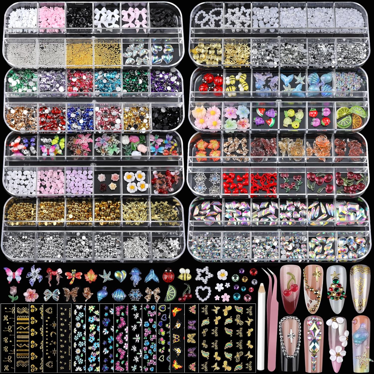 Teentior Nail Charms & Gems Set: 3D Nail Art Kit Teentior Nail Charms Nail Stickers with Nail Gems Kit, 8 Boxes Nail Art Rhinestones Gold Rhinestones for Nails, Nail Charms and Gems Pearls for Nails, 3D Nail Art Design Kit Nail Decorations for Women