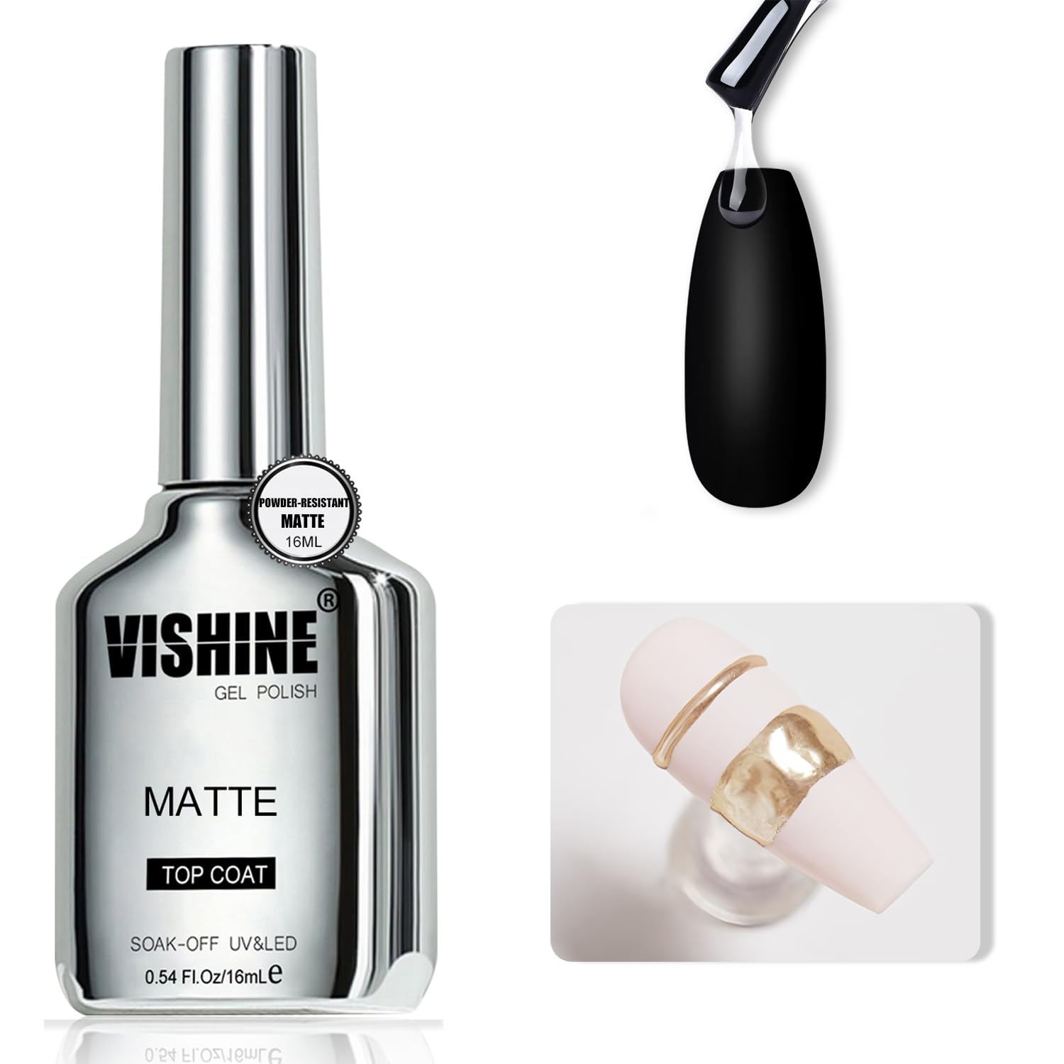 Vishine 16ml Matte Gel Top Coat: Long-Lasting, No Wipe, Powder-Resistant. Vishine Matte Gel Top Coat, 16ml Powder-Resistant No Wipe for Chrome Powder Painting Art Matte Finish Long-Lasting UV Gel Nail Polish for Salon & DIY Nail Art